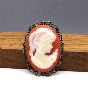 Vintage Elegant Lady Cameo Brooch, Lapel Pin with Fligree Frame